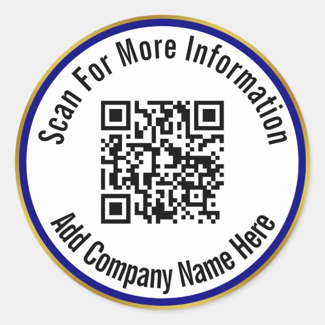 Scan QR Code For Info Navy Blue White and Gold Classic Round Sticker (Front)