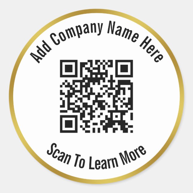 Scan QR Code To Learn More Black White and Gold Classic Round Sticker (Front)