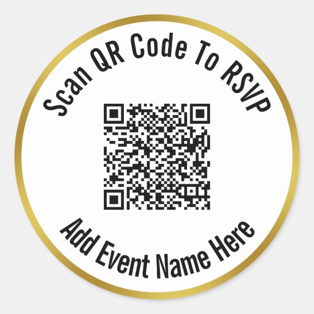 Scan QR Code To RSVP Black White & Gold Template Classic Round Sticker (Front)
