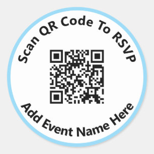 Scan QR Code To RSVP Event Name White & Baby Blue Classic Round Sticker