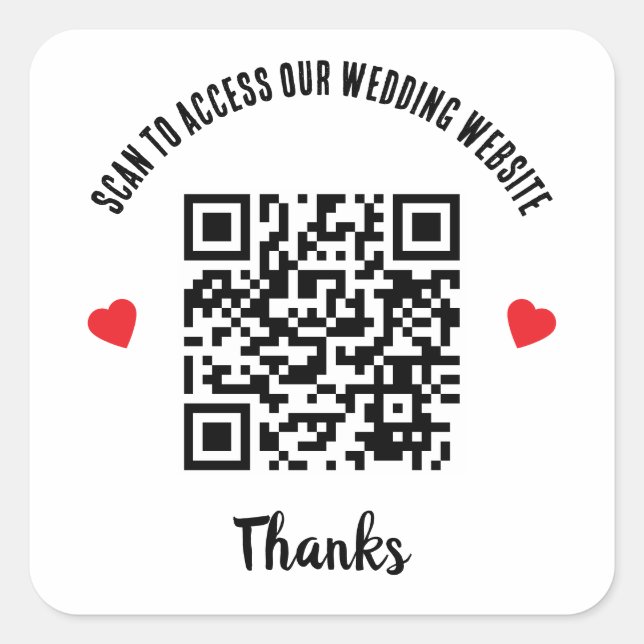 Scan To Access Wedding Website Red Heart QR Code Square Sticker (Front)