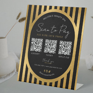 Scan to Pay Black & Gold Modern Payment 3 QR Codes Pedestal Sign
