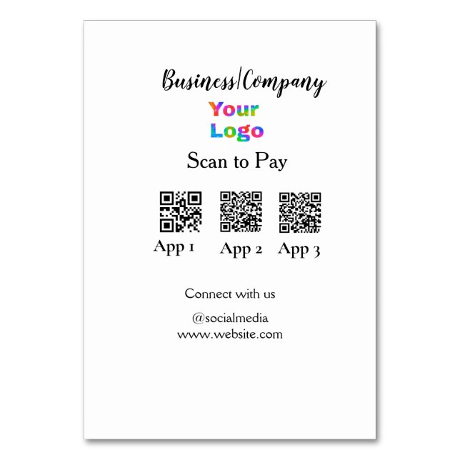 Scan to pay business logo Q R code social media  Table Number (Front)