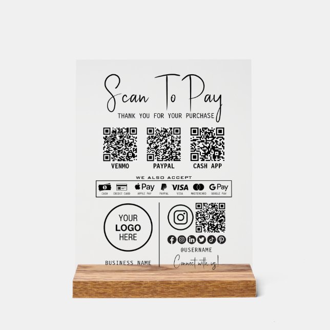 Scan To Pay Business Qr Code Payment Modern Black Acrylic Sign (Front)
