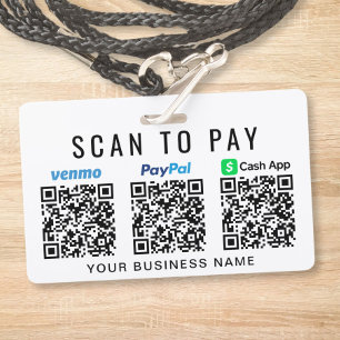 Scan to Pay Paypal Venmo CashApp QR Codes ID Badge