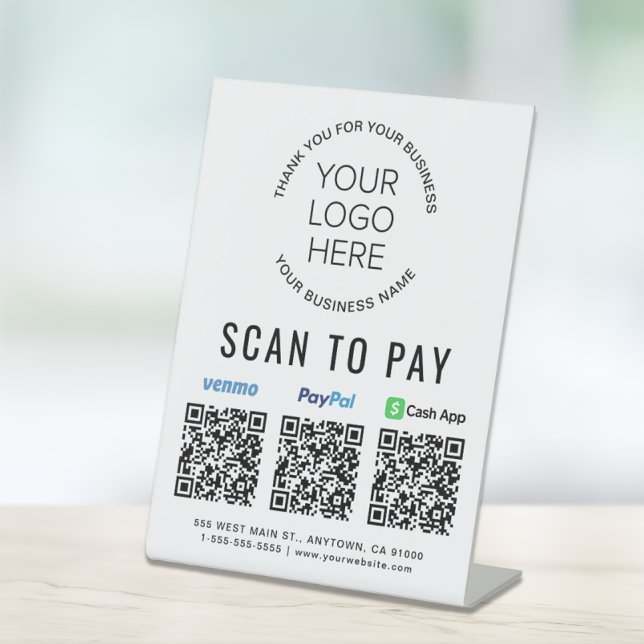 Scan to Pay Paypal Venmo CashApp QR Codes Logo Pedestal Sign (A QR code sign to effortlessly connect your customers to your payment platforms)