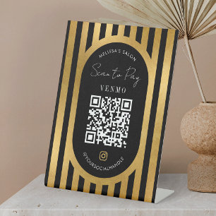 Scan To Pay QR Code Black & Gold Salon Shop Pedestal Sign