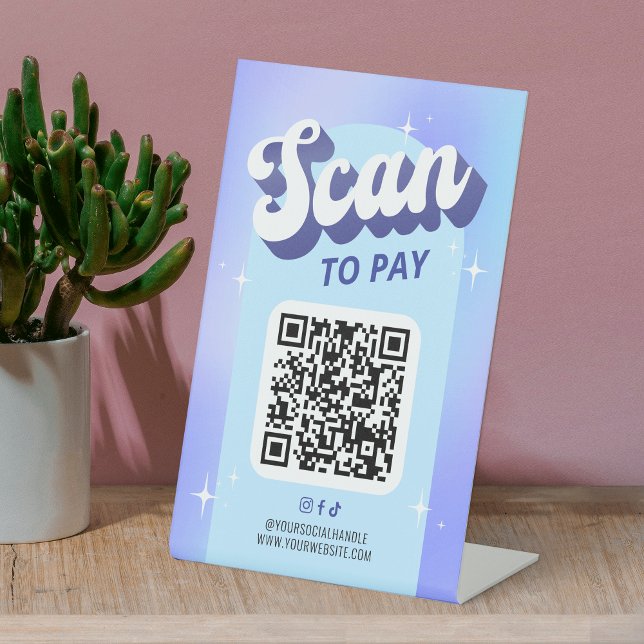 Scan to Pay Trendy Retro Holographic Style QR Code Pedestal Sign (Trendy scan to pay QR code pedestal sign with retro fonts in groovy style design)