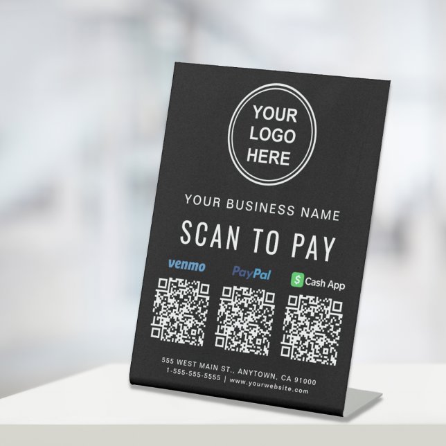 Scan to Pay Venmo Paypal CashApp QR Codes Logo Pedestal Sign (A QR code sign to effortlessly connect your customers to your payment platforms)