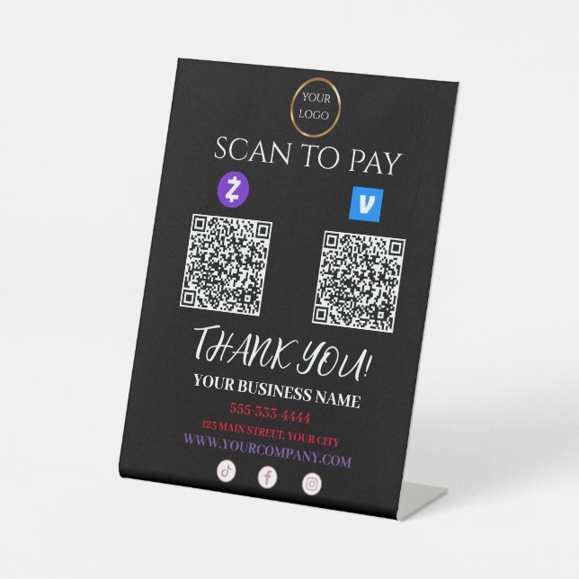 Scan To Pay Zelle Venmo QR code  Pedestal Sign (Front)