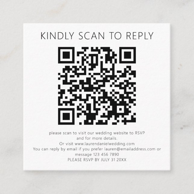 Scan To Reply QR Code Black White Wedding RSVP Enclosure Card (Front)