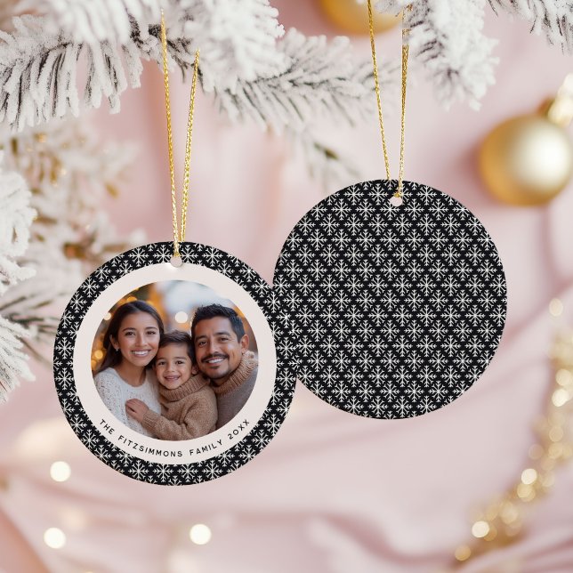 Scandi Black and White Snowflake Photo Ceramic Tree Decoration (Neutral Snowflake Modern 1 Photo Christmas Ornament black)