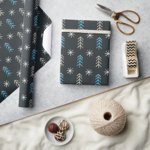 Scandi Black Blue Christmas Trees and Snowflakes Wrapping Paper