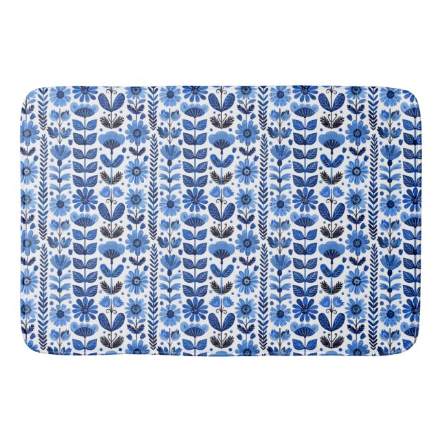 Scandi blue floral  bath mat (Front)