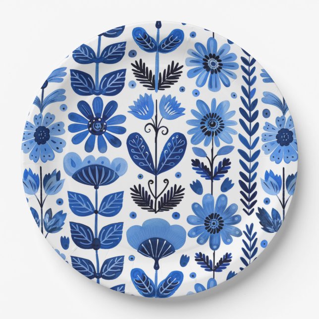 Scandi blue floral paper plate (Front)