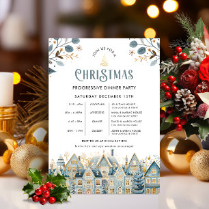 Scandi Blue Progressive Christmas Dinner Party Invitation