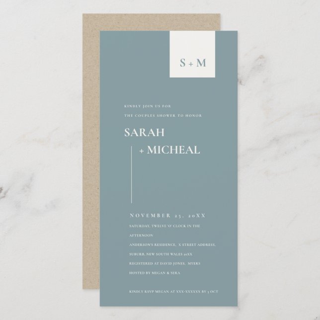 SCANDI DUSKY BLUE MONOGRAM COUPLES SHOWER INVITE (Front/Back)