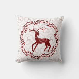 Scandi Folk Art Christmas Style Deer & Birds Cushion