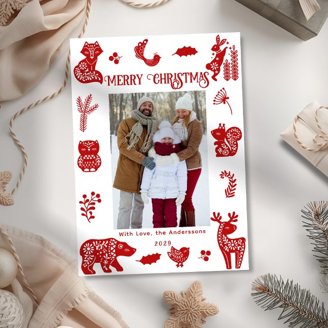 Scandi Folk Art Forest Woodland Animals Bird Photo Holiday Card (Creator Uploaded)