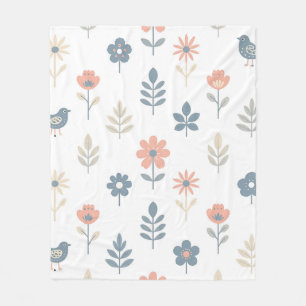 Scandi Folk Flowers Birds Pattern Fleece Blanket