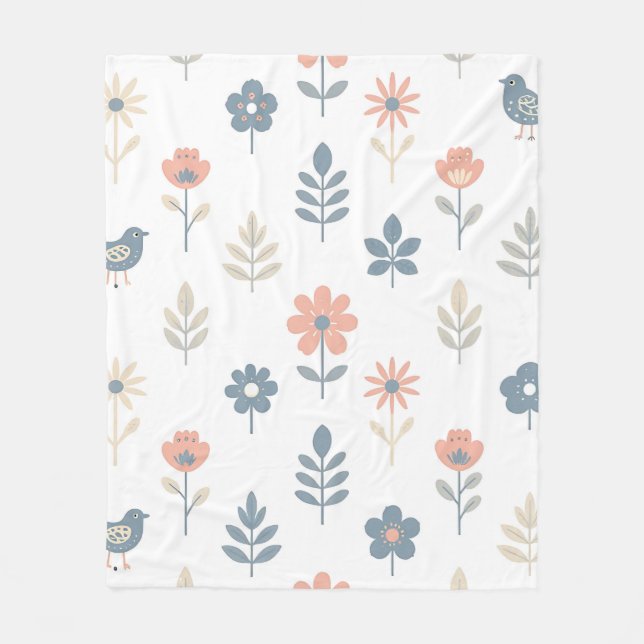 Scandi Folk Flowers Birds Pattern Fleece Blanket (Front)