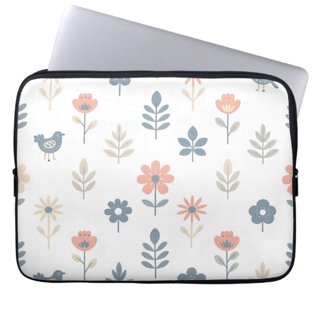 Scandi Folk Flowers Birds Pattern Laptop Sleeve (Front)