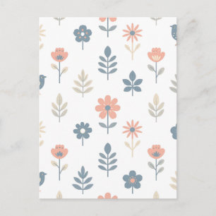 Scandi Folk Flowers Birds Pattern Postcard