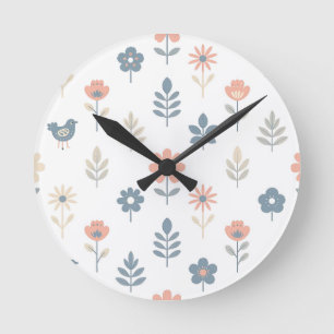 Scandi Folk Flowers Birds Pattern Round Clock