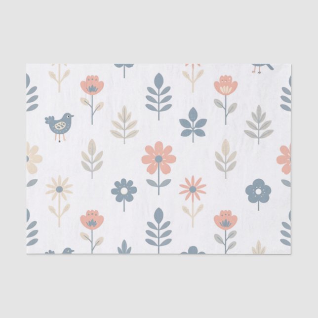 Scandi Folk Flowers Birds Pattern Tissue Paper (Front)