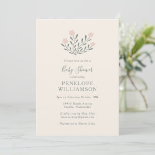 Scandi Folk Flowers Blush Pink Sage Baby Shower Invitation