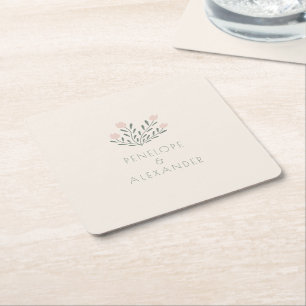 Scandi Folk Flowers Blush Pink Sage Custom Wedding Square Paper Coaster