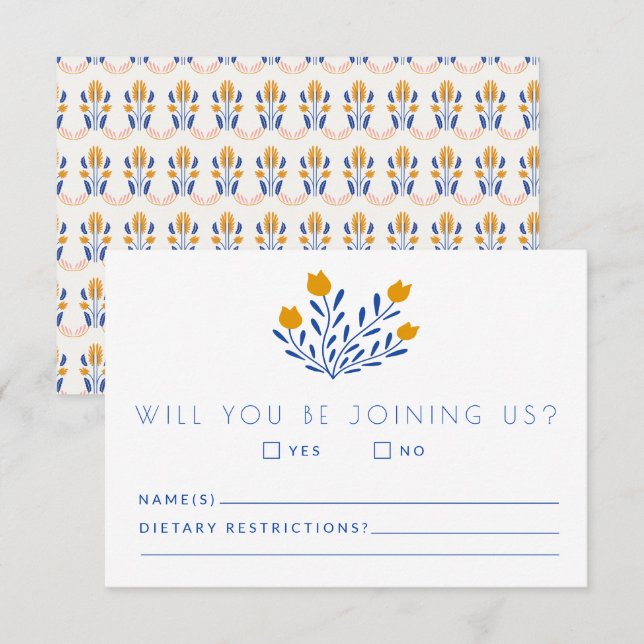 Scandi Folk Flowers in Blue and Yellow Wedding RSVP Card (Front/Back)
