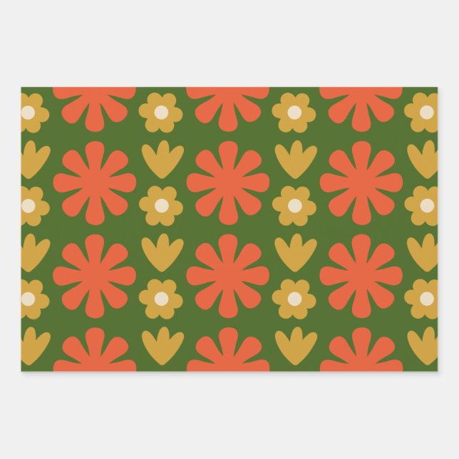 Scandi Retro Floral Folk Art Patterns Orange Green Wrapping Paper Sheet (Front)