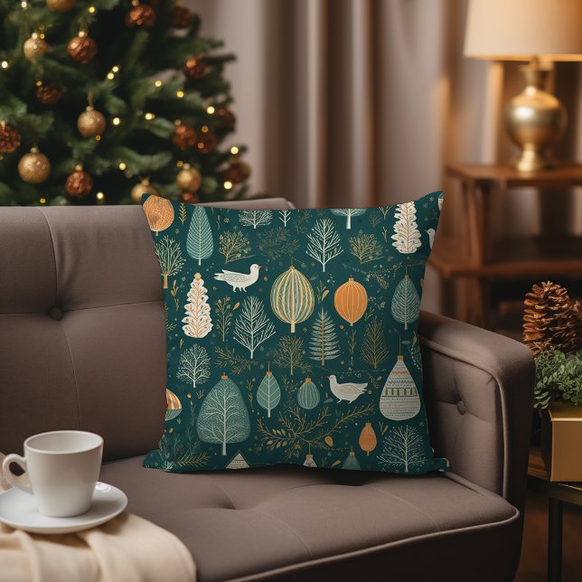 Scandi Sage Green Nordic Hygge Woodland Christmas Cushion (Nordic Scandinavian Sage Green Woodland Christmas Forest Throw Pillow – Modern Abstract Fir Trees)