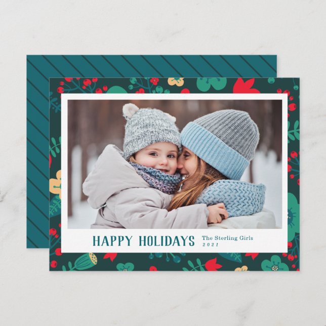 Scandi Style Mod Festive Green Family Photo Holiday Card (Front/Back)