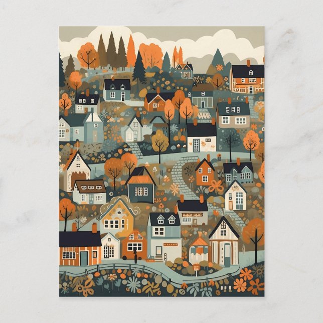 Scandi Village At Fall Time Art Postcard (Front)