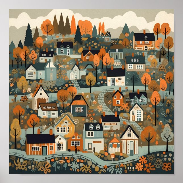 Scandi Village At Fall Time Art Poster (Front)