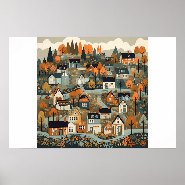 Scandi Village At Fall Time Art Poster (Front)
