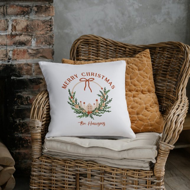 Scandi Wreath Merry Christmas Personalised  Cushion (Seasonal Merry Christmas Personalized Throw Pillow)
