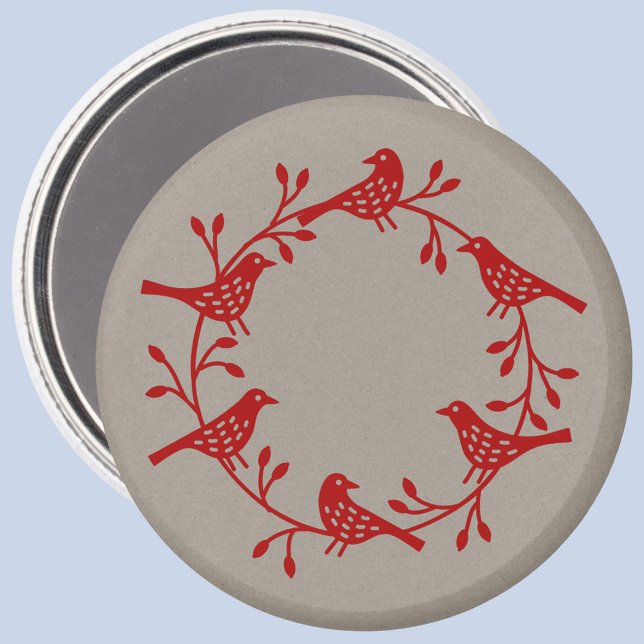 Scandi Wreath of Birds and Rosehips Magnet (Red Scandinavian bird wreath festive magnet)