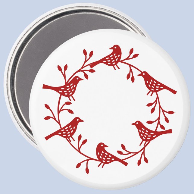 Scandi Wreath of Birds and Rosehips Magnet (Red and white Scandinavian bird wreath magnet)