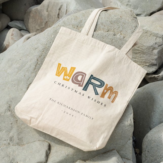 Scandi Yellow Grey Text Warm Wishes Christmas Tote Bag (Creator Uploaded)
