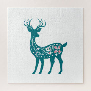 Scandia Christmas Red And Blue Nordic Deer Scandia Jigsaw Puzzle