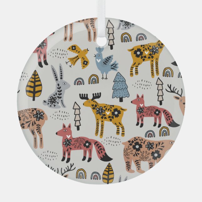 Scandinavian animals, floral, cute pattern. glass tree decoration (Front)