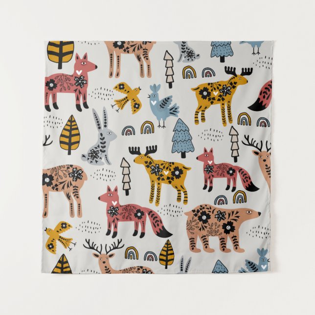 Scandinavian animals, floral, cute pattern. tapestry (Front)