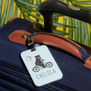 Scandinavian Bear on Bike Minimalist Blue  Luggage Tag