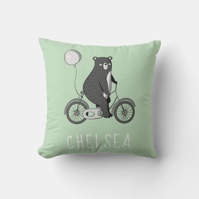 Scandinavian Bear on Bike Minimalist Green Cushion (Front)