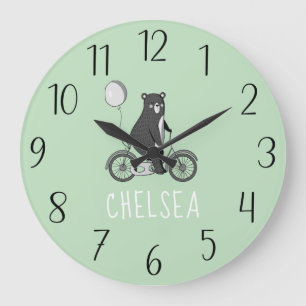 Scandinavian Bear on Bike Minimalist Green Large Clock