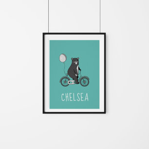 Scandinavian Bear on Bike Minimalist Personalised  Poster
