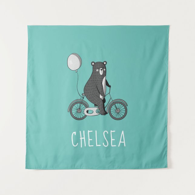 Scandinavian Bear on Bike Minimalist Personalised Tapestry (Front)